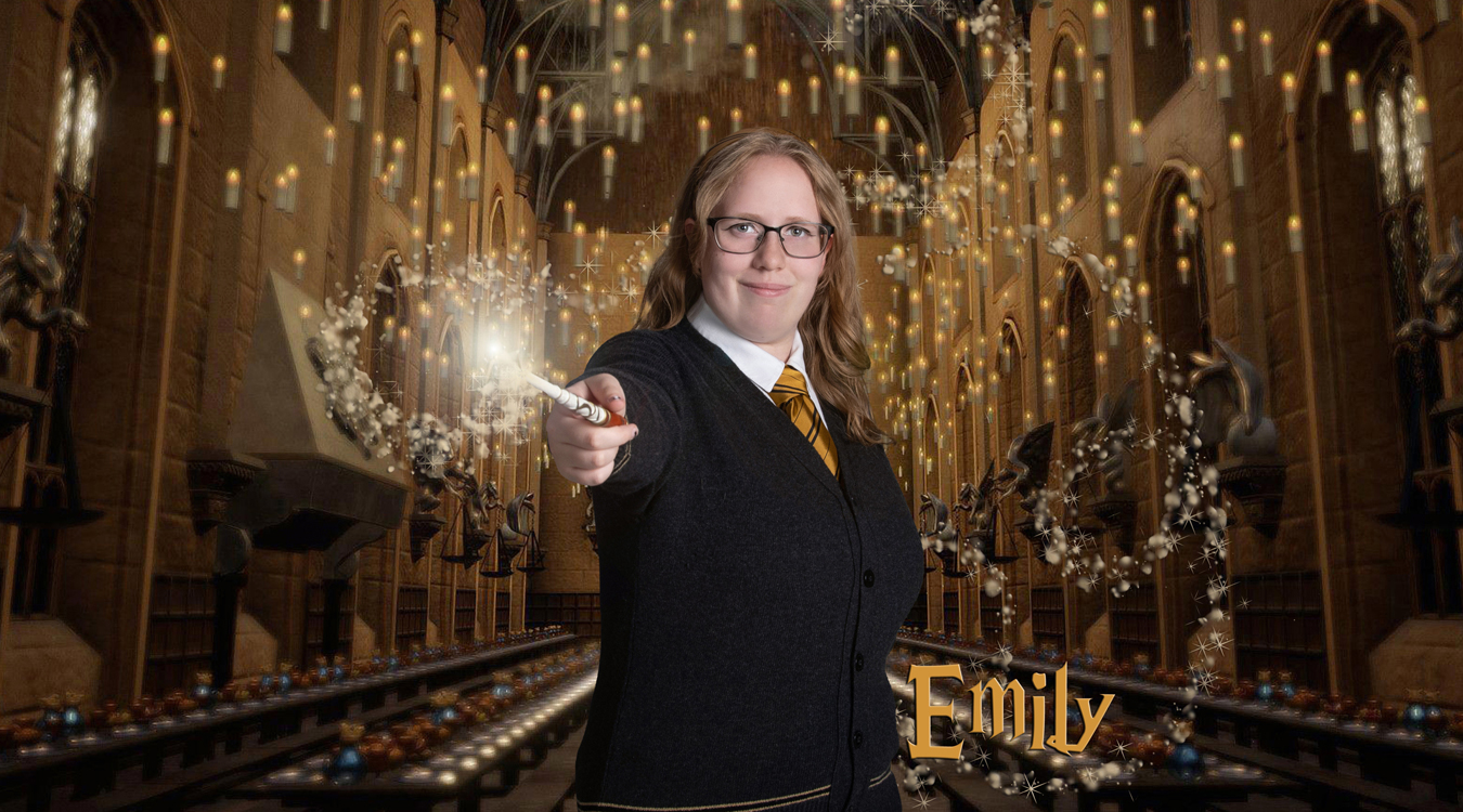 School portrait of a student in a dark cardigan and striped tie holding a wand, composited into a candlelit great hall